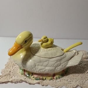 Ceramic Duck Tureen With Lid With Baby Duck And Spoon Included Rare Vintage Item